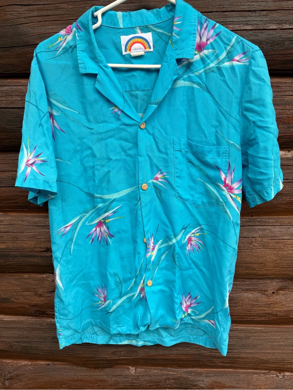 Vintage Paradise Found Hawaiian Shirt Men Rayon Birds of Paradise Teal Read